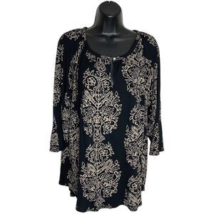 Lucky Brand Top Womens 2X Black Tunic Keyhole 3/4 Sleeve Peasant Stretch Boho